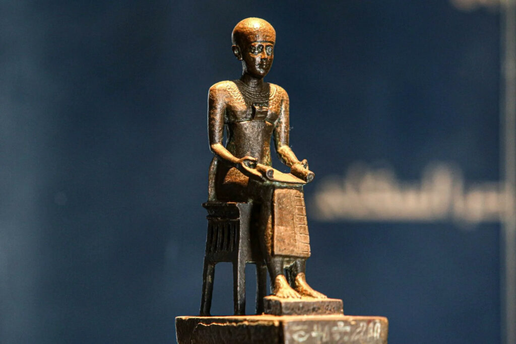 Statue of ancient Egyptian architect Imhotep on display at the newly-restored Imhotep Museum at Saqqara necropolis. Photo:Ahmed Gomaa/Xinhua via Getty Images.