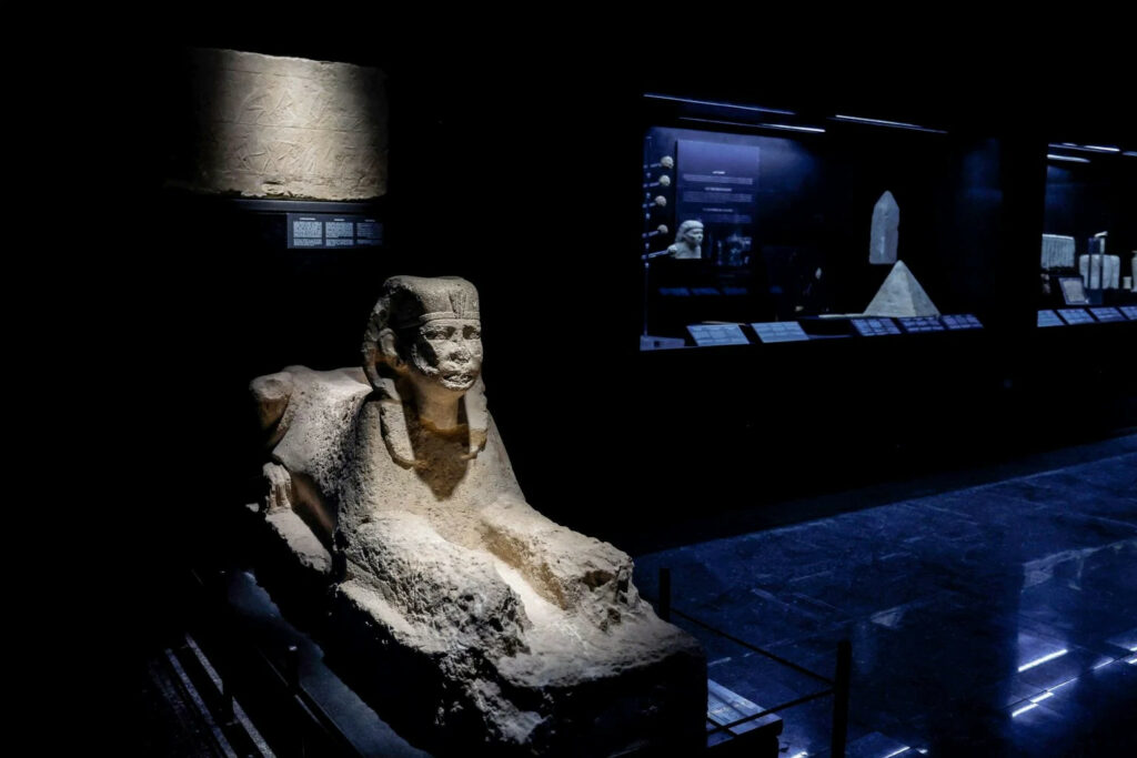 An ancient sphinx displayed during the reopening of the Imhotep Museum at the Saqqara necropolis, after the completion of its development. Photo: KHALED DESOUKI/AFP via Getty Images.